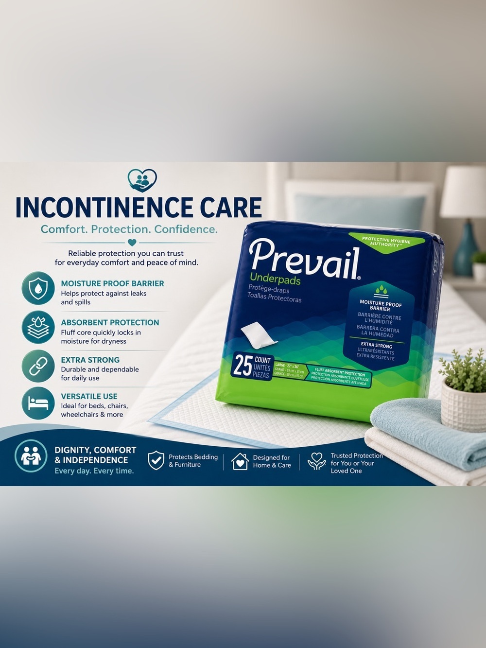 Prevail Underpads 25 Count 23” x 36” Disposable Bed Pads Moisture Proof Barrier